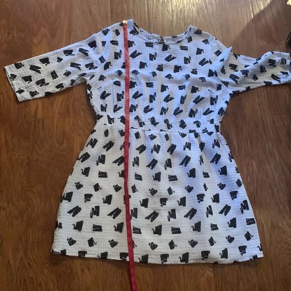 ASOS Made India White Black Scoop Neck 3/4 Sleeves Elastic Waist Keyhole Dress - Picture 11 of 11